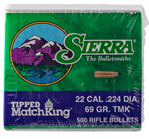 Sierra Bullets 110774 Sierra 7169C Tipped MatchKing  .22 Cal .224 69 gr Tipped MatchKing 500 Per Box