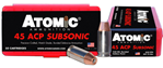 26141 Atomic Ammunition 00439 Pistol Subsonic 45 ACP Subsonic 250 gr Bonded Match Holl