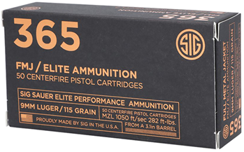 102770 Sig Sauer E9MMB136550 Elite Ball  9mm Luger 115 gr Full Metal Jacket (FMJ) 50 Bx