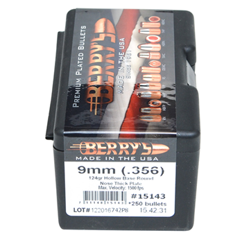 Berrys Manufact 103217 Berrys 15143 Superior Pistol  9mm .356 124 GR Hollow Base Round Nose Thick Plate