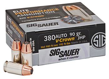 108718 Sig Sauer E380A150 Elite V-Crown 380 ACP 90 gr Jacketed Hollow Point (JHP) 50 B