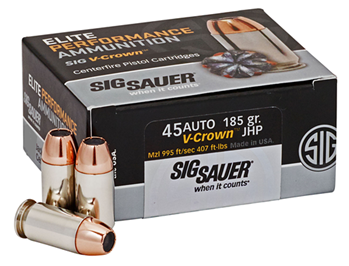 108720 Sig Sauer E45AP050 Elite V-Crown  45 ACP 185 gr Jacketed Hollow Point (JHP) 50 B