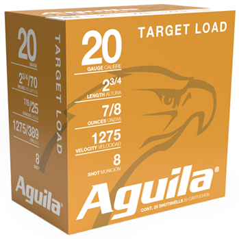 Aguila Ammuniti 139880 Aguila 1CHB2038 Target Load Standard Velocity 20 Gauge 2.75" 7/8 oz 8 Shot 25 Bx