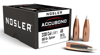 16691 Nosler 57625 AccuBond  338 Cal .338 180 gr Spitzer Point Boat-Tail 50 Per Box