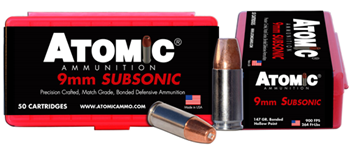 Atomic Ammuniti 26138 Atomic 00438 Pistol Subsonic 9mm Luger +P 147 gr Bonded Match Hollow Point 50 Bx