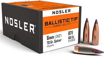 51332 Nosler 39532 Ballistic Tip Varmint 6mm .243 70 gr Spitzer Point 100 Per Box