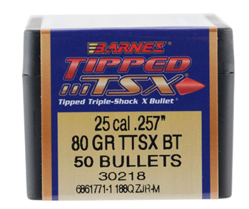 58150 Barnes Bullets 30218 Tipped TSX  25 Cal .257 80 gr TTSX Boat-Tail 50 Per Box