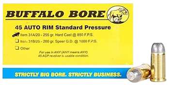 82223 Buffalo Bore Ammunition 31A/20 Standard Pressure  45 Auto Rim 255 gr Hard Cast F